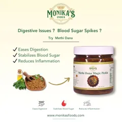 This graphic explains the key benefits of my Methi Dana pickle. It's a natural way to help ease digestion, stabilize blood sugar, and reduce inflammation, making it a truly magical addition to your diet.