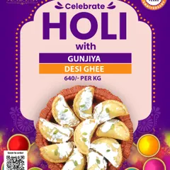 Desi Ghee Gunjiya for Holi. Holi celebrations are synonymous with Gunjiya. Our Desi Ghee Gunjiya is filled with rich khoya and dry fruits, offering a taste of tradition in every bite.