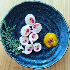 My kitchen is always busy creating unique pet snacks. These are my stuffed chicken rolls, filled with finely chopped vegetables and served with a side of pumpkin bacon jam. It's a perfect gourmet treat for your dog.