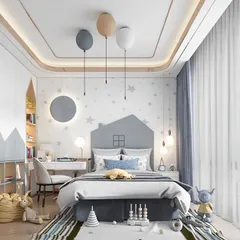A whimsical and modern room with a calming grey and white color scheme. The design features a house-shaped headboard, mountain-themed storage, and charming balloon lights, creating a playful yet stylish atmosphere.