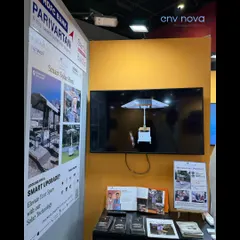 A focused shot of our digital screen at the Startup Mahakumbh booth, displaying a 3D model of our portable solar hut. This allowed us to demonstrate the product's design and features in a dynamic way.