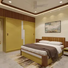A slightly different angle of the parents' bedroom, emphasizing the warm and trendy combination of wood tones and mustard yellow. The design of the bed and side tables is cohesive with the wardrobe, creating a unified and thoughtfully designed space.