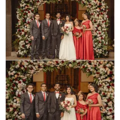 A classic wedding party portrait under a beautiful floral arch. This diptych captures the couple with their bridesmaids and groomsmen in a formal pose.