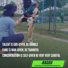 A coach provides one-on-one guidance to a batsman in the nets. This image captures our philosophy: talent is a gift, but concentration is a skill you must build yourself.