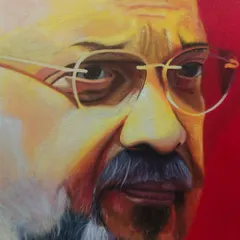 A close-up, work-in-progress shot of the Amit Shah portrait. You can see the layers of oil paint starting to build up, creating depth in the skin tones and defining the expression.