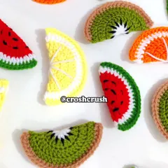 A vibrant collection of crochet fruit slices, including watermelon, kiwi, lemon, and orange. These were for a bulk order and can be used as coasters, appliques, or fun decor.