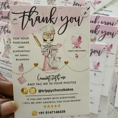A hand holding a custom thank you card for 'Trippy Choco Bakes', showing the personalized details that encourage customer reviews and social media tags.