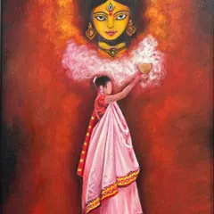 "The Worshipper of Durga," a powerful and evocative oil painting by one of our talented students, capturing a moment of pure devotion.
