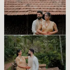 A traditional pre-wedding shoot in the serene surroundings of Sringeri. The rustic, tiled roof and lush greenery create an authentic and culturally rich setting.