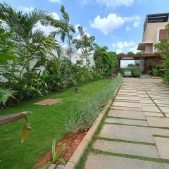 This angle shows the long driveway bordered by a neat lawn and a row of silver-leafed plants, creating a formal and elegant entrance to the property.