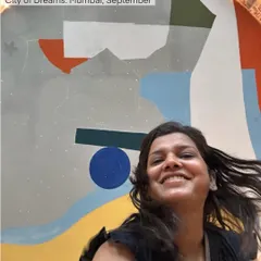 A moment of joy with the finished "City of Dreams" ceiling mural. This piece was a true labor of love, capturing the spirit of Mumbai in abstract form.