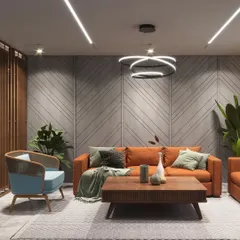 A modern living area designed for comfort and style. The room features a bold orange sofa, a textured concrete accent wall with diagonal grooves, and contemporary lighting fixtures, creating a vibrant yet sophisticated space for relaxation and socializing.