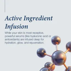 The third step is active ingredient infusion. While the skin is most receptive, I infuse powerful serums containing ingredients like hyaluronic acid or antioxidants to deeply hydrate, brighten, and rejuvenate.
