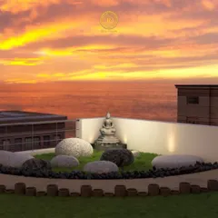 Imagine a personal sanctuary with a breathtaking sunset view. This outdoor meditation space, featuring a serene Buddha statue and minimalist landscaping, is designed to be a haven of calm. It’s a perfect example of how I create spaces that help you disconnect from the world and reconnect with yourself.