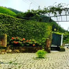 The entrance to FINCH eco-farms, designed to look as if it grew from the hill itself. The gate is framed by earthen bunds covered in native plants, creating an organic transition from the road to the property.