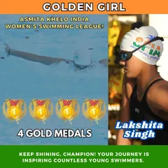Four gold medals for our golden girl, Lakshita Singh, at the Asmita Khelo India Women's Swimming League. She dominated the 100m Freestyle, 200m Freestyle, 100m Butterfly, and 200m Individual Medley.