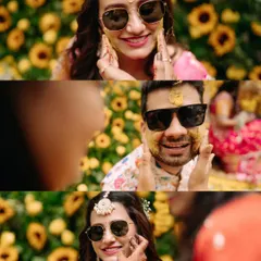 A triptych showing friends and family lovingly applying Haldi to the bride and groom's faces.