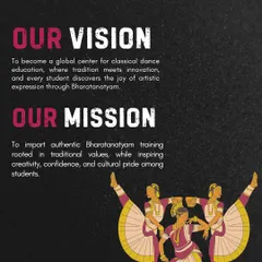 Our vision is to be a global center for classical dance education where tradition meets innovation. My mission is to impart authentic training rooted in traditional values while inspiring creativity and confidence in every student.