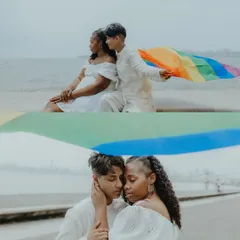 A powerful two-panel image showing the couple sharing a quiet moment and then an intimate embrace under the pride flag, symbolizing their love and identity.