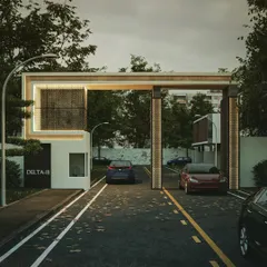 The same entrance gate render, showing the fine details of the design. This visualization helps the client approve the materials, colors, and overall aesthetic before any construction work begins.