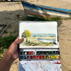 Here is another plein air watercolor painting from my hometown. The light was perfect, capturing the yellow tree, the blue boat, and the people enjoying the beach in the distance.