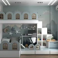 A complete bedroom solution featuring a unique bunk bed with castle-like windows. The design includes a staircase with built-in shelving and a dedicated study desk, making it a perfect all-in-one unit for a child's room.