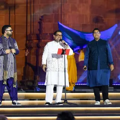 Musical trio Shankar, Ehsaan, and Loy performing on stage at the Global Peace Honours. We managed all aspects of the stage production, including sound, lighting, and artist coordination for this solemn event.