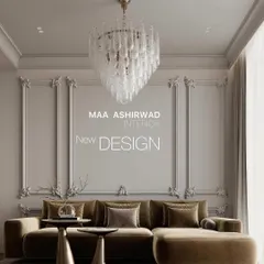 This is a 3D visualization of a luxurious living room concept. It features a plush velvet sofa, a stunning glass chandelier, and classic wall molding, all planned digitally before execution.