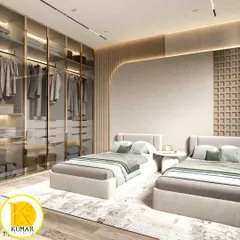We designed this elegant master bedroom to be a tranquil retreat. It features two single beds, a stunning floor-to-ceiling glass wardrobe with internal lighting, and a curved, fluted feature wall, demonstrating our skill in crafting bespoke bedroom furniture and storage solutions.