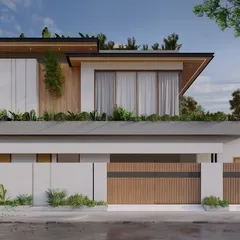 This render is for a weekend home built with a PEB (Pre-Engineered Building) structure. The design combines modern luxury with smart construction, featuring a flat roof, extensive glazing, and integrated greenery for a perfect retreat.