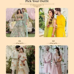 As part of our end-to-end services, we also assist with costumes. This graphic shows a variety of beautiful wedding outfits, illustrating how we can help you and your partner look your best for every ceremony.