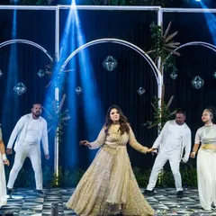 Here, the bride commands the stage with her backup dancers. I can choreograph for solo performers or larger groups to create the exact vision you have for your sangeet night.