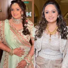 A side-by-side comparison of the bride's Sangeet and Wedding looks. Both are elegant and stunning, yet distinct, showcasing the versatility I offer for different events.