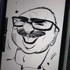 A bold, black-and-white digital ink caricature with high contrast and expressive lines, drawn on my tablet.