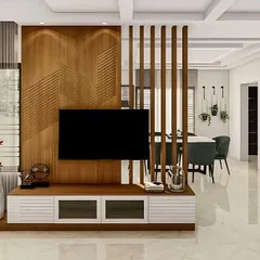 This design shows how a TV unit can also serve as a stylish partition between the living and dining areas. The combination of wood tones and vertical slats maintains an open, airy feel while creating distinct zones.