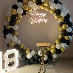A close-up of the marquee numbers and balloon ring.
