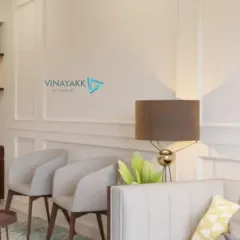 A wider view showing the bar's placement within the home's open layout. It serves as a beautiful and functional feature that complements the overall modern and elegant design of the living space.