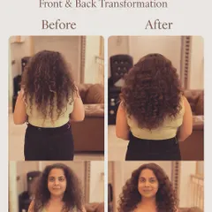 For my clients with naturally curly hair, I focus on reviving volume and definition. Here, I used custom curly extensions to match her natural pattern, creating a fuller, healthier, and more balanced look from every angle.
