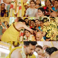 This collage captures the key rituals of a South Indian wedding, from the groom's triumphant moment to the sacred act of tying the mangalsutra.