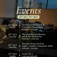 Our schedule for the last week of July. This week was filled with powerful events including a New Moon Crystalline Sound Bath, a Monthly Drum Circle, and an introductory ThetaHealing meditation.