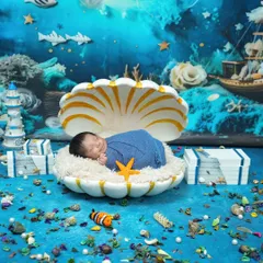 Your little one is a precious pearl, and we love creating magical worlds for their first photoshoot. This newborn session features an imaginative underwater theme, with the baby sleeping peacefully in a giant seashell. Every detail, from the coral backdrop to the tiny starfish, is designed to create a whimsical and unforgettable portrait.