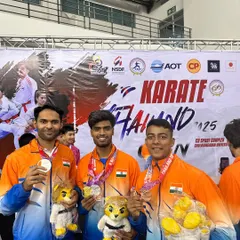 A moment of triumph for the academy and India. Rajat Kashyap and Harshit Pandey with their collection of gold, silver, and bronze medals from the Thailand Open Karate Championship.
