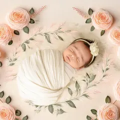 A beautifully simple and elegant portrait of a newborn swaddled in white, encircled by a ring of delicate pink roses. This classic floral design is timeless.