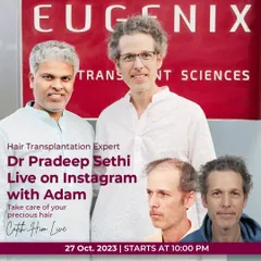 An announcement for a live Instagram session with my patient, Adam. These sessions are a great way for me to answer questions directly and share insights into the hair restoration process.