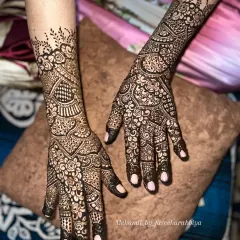 A slightly different pose of the same intricate Indian henna, showing how the design wraps around the hands.
