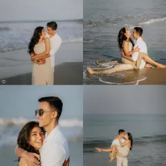 A collection of four romantic and playful moments from a couple's session in the waves. A beach pre-wedding shoot allows for a lot of natural movement and fun.
