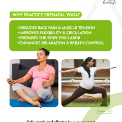 This graphic explains why practicing prenatal yoga is so beneficial. It helps reduce back pain, improves circulation, prepares the body for labor, and enhances relaxation through safe and gentle poses.