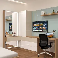A perfect blend of a dressing table and a study desk. This integrated unit features a large backlit mirror, ample drawer space, and a comfortable workspace, all in a stylish wood and white finish.