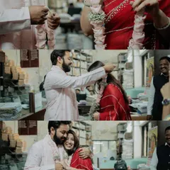The intimate rituals inside the registrar's office. This collage captures the exchange of garlands and the first hug as a married couple, surrounded by files and officialdom, which makes it uniquely charming.