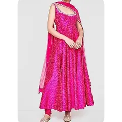 The same Anarkali design as the previous image, shown here in a bright pink. I can often create a design you love in different colors and fabrics, depending on availability and your preference.